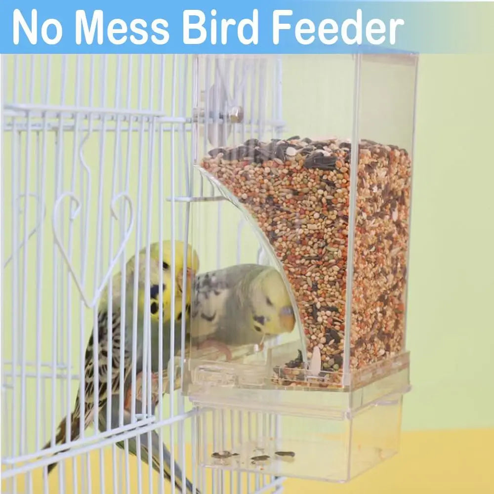 No Mess Automatic Bird Feeder - Transparent Food Container Cage Accessory for Small Birds