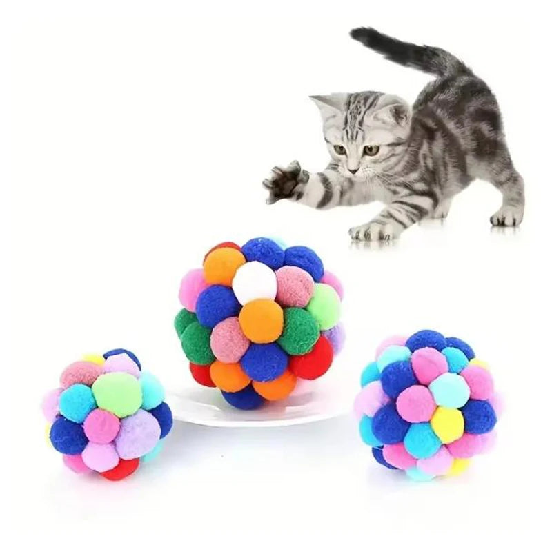 Hot cat Toys Pet Toy Cat Plush Ball Toys Pet Bouncy Bell Ball Toy Colorful Pompoms Pet Supplies Random Color