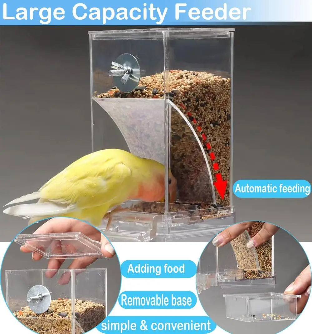 No Mess Automatic Bird Feeder - Transparent Food Container Cage Accessory for Small Birds