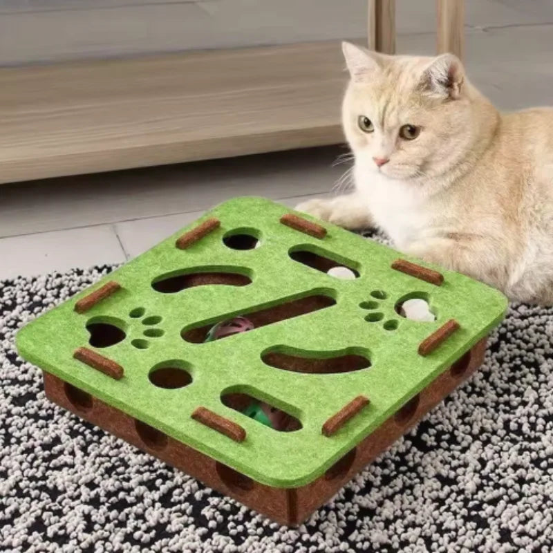 Pet Cat Puzzle Maze Holes Toys - Felt Box with Bell Ball Interactive Toy