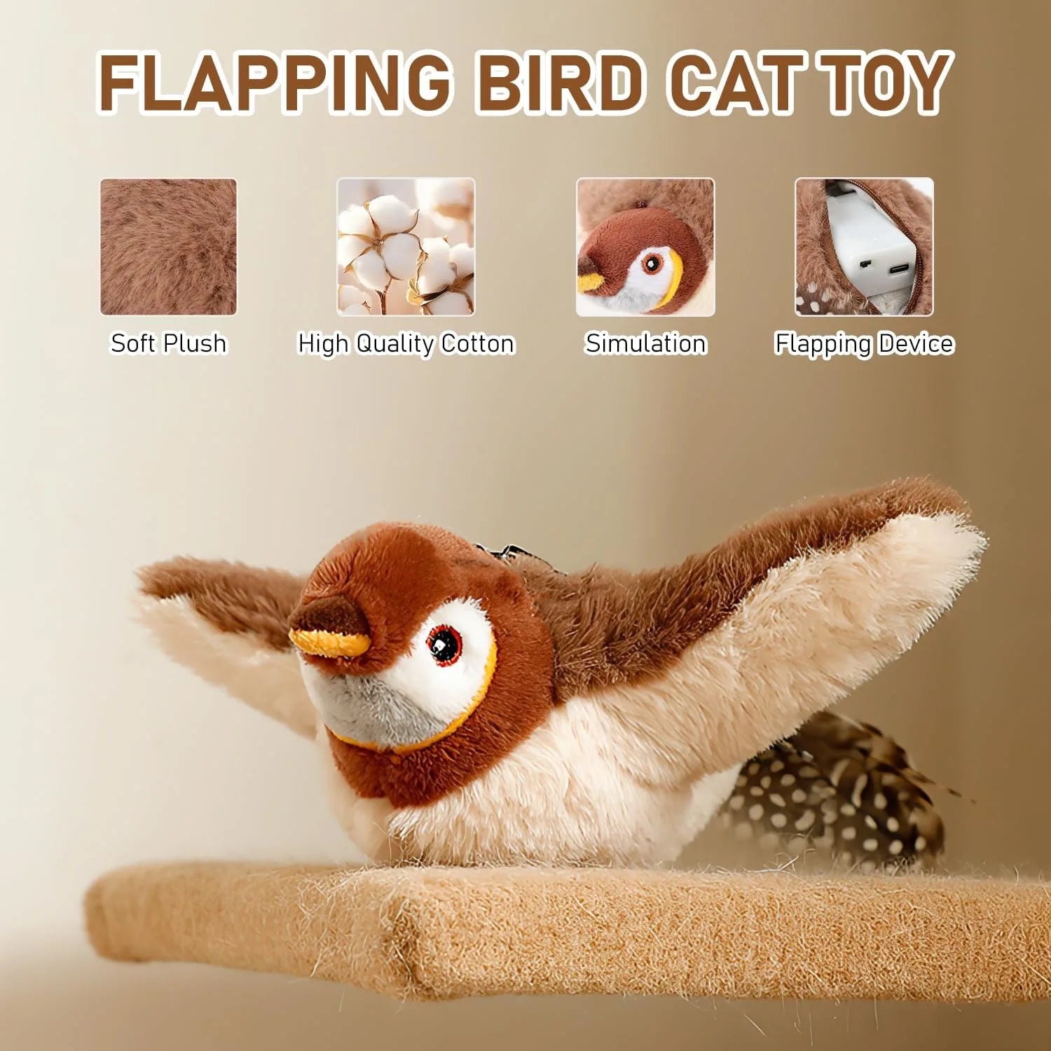 Interactive Catnip Bird Toy for Cats - Touch Activated Squeaky Plush Pet Toy USB Rechargeable