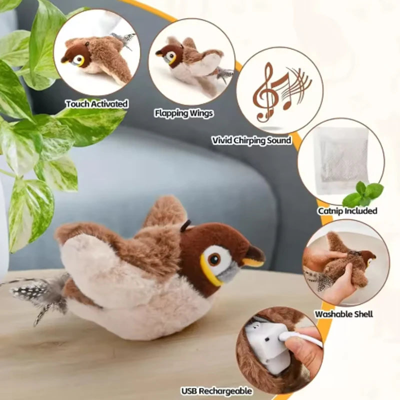 Interactive Chirping Bird Toy for Cats & Dogs - Touch Activated Rechargeable Plush Pet Toy