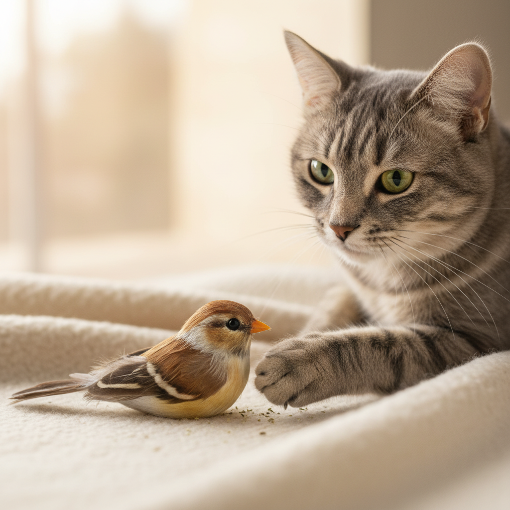 Interactive Catnip Bird Toy for Cats - Touch Activated Squeaky Plush Pet Toy USB Rechargeable