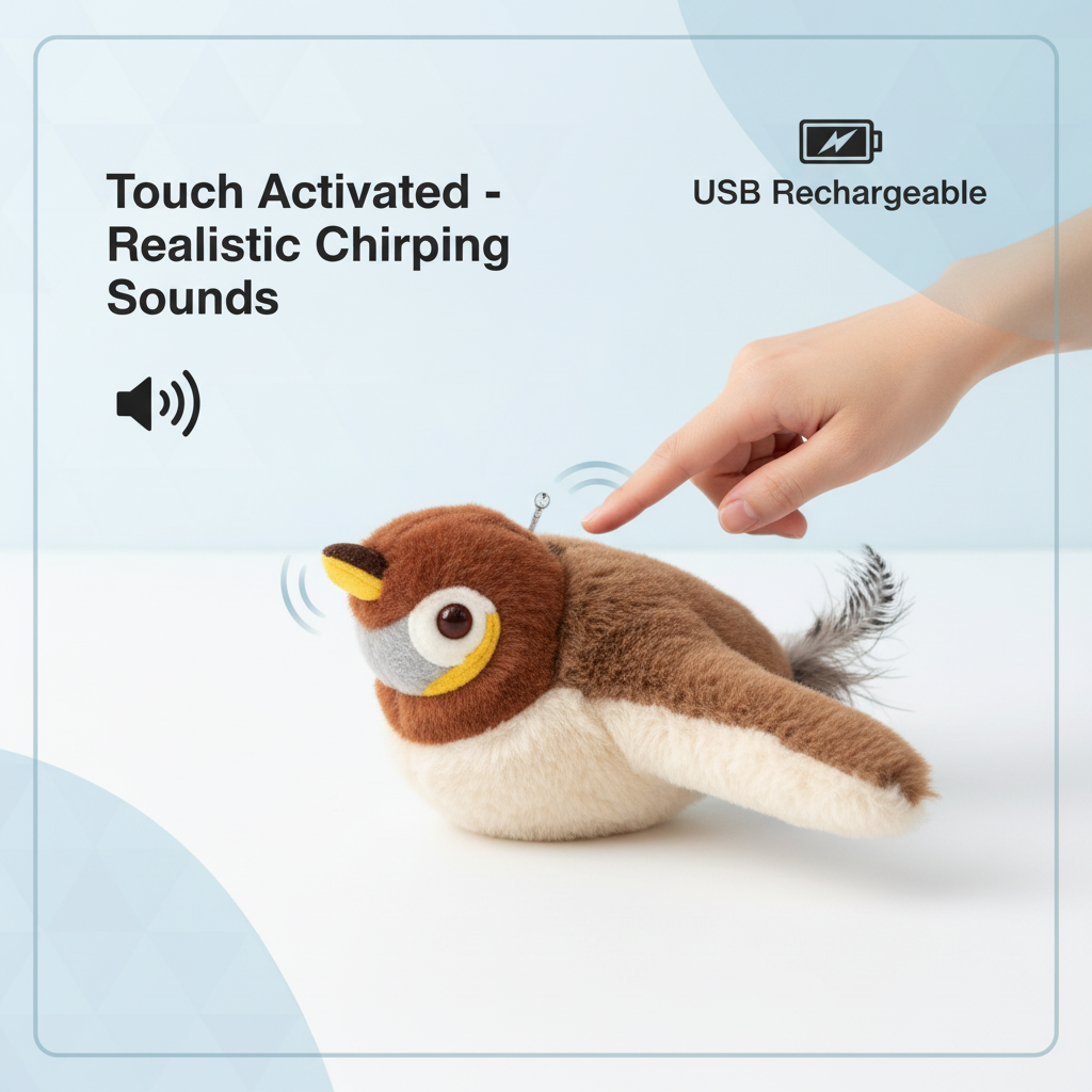 Interactive Catnip Bird Toy for Cats - Touch Activated Squeaky Plush Pet Toy USB Rechargeable